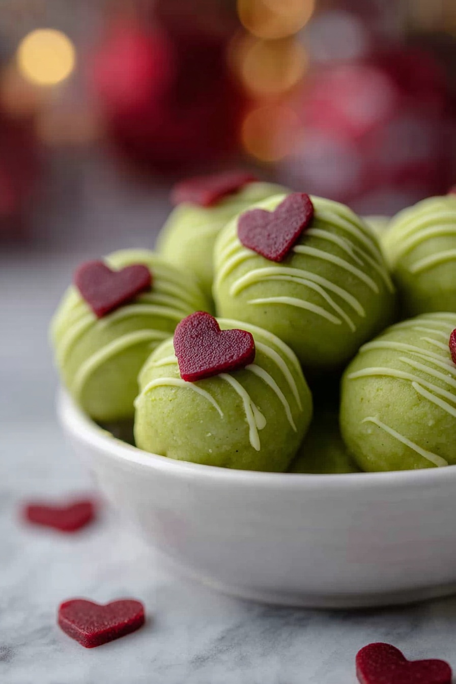 Grinch Oreo Balls with Red Velvet Oreos, Festive Christmas Oreo Bites, Holiday Treats with Red Velvet Oreos, Christmas Dessert Balls, Easy Festive Oreo Snacks - A woman's hand is holding a round green truffle with a smooth texture, decorated with thin lines of green icing wrapped around it like stripes. On one side, there is a small, flat red heart decoration placed near the center. In the blurry background, you can see more similar truffles with the same green color and red hearts on a white marbled surface. Soft round lights add a warm and cozy feeling to the image. photo taken with an iphone --ar 2:3 --v 7