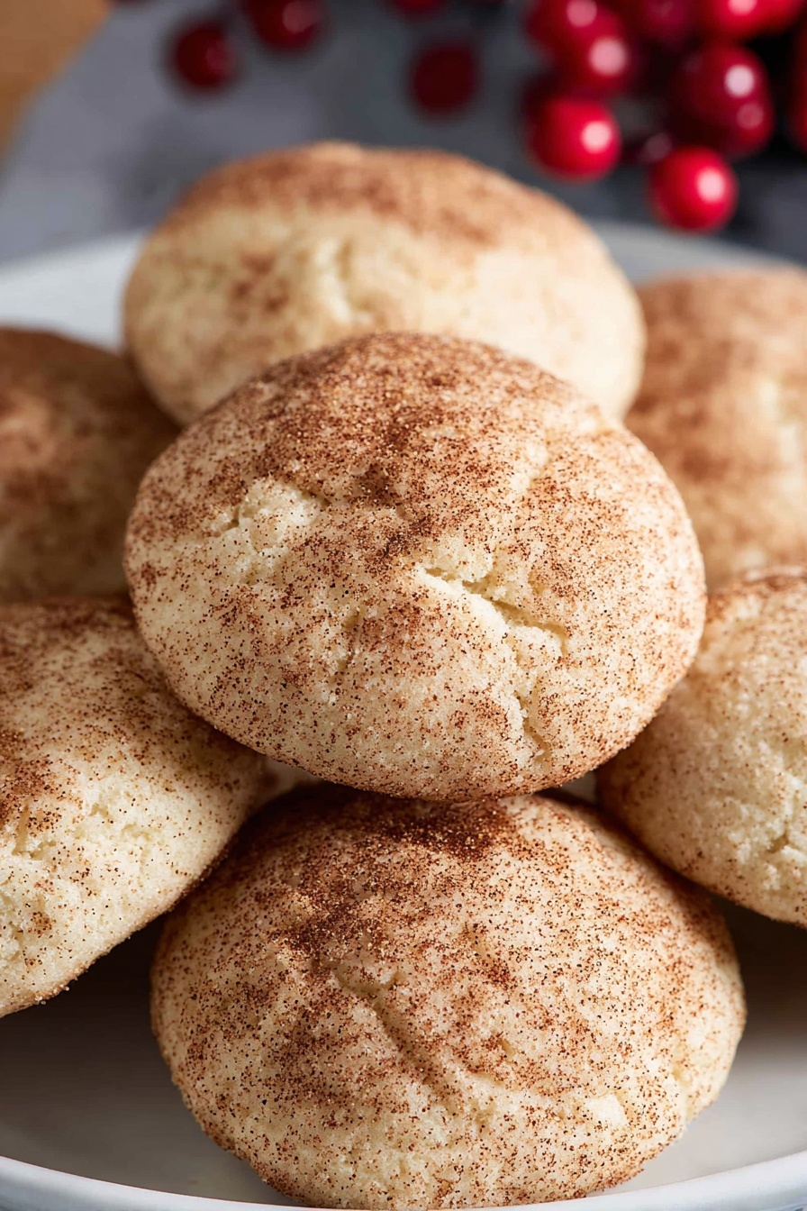 Cinnamon Cream Cheese Cookies, cinnamon cream cheese cookie recipe, soft cinnamon cookies, cream cheese cookies with cinnamon sugar, easy cinnamon cookies - A black plate filled with a pile of eleven round, soft-looking light beige cookies, each covered with a dusting of fine brown cinnamon powder, creating a slightly rough texture on the surface. Two cinnamon sticks lie on top, crossing over the cookies, adding warm brown tones and a woody texture. Surrounding the plate are festive decorations including glossy, bright red berries on thin brown stems and a large, old-fashioned bronze bell. The scene is set on a white marbled surface that contrasts with the black plate and the warm colors of the cookies and decorations. photo taken with an iphone --ar 2:3 --v 7