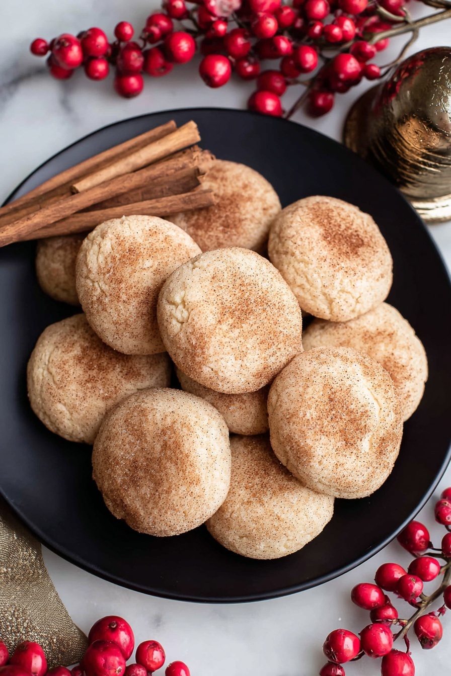 Cinnamon Cream Cheese Cookies, cinnamon cream cheese cookie recipe, soft cinnamon cookies, cream cheese cookies with cinnamon sugar, easy cinnamon cookies - A close-up image shows a group of soft, round cookies stacked closely on a white plate. Each cookie is light beige with a rough texture and is covered evenly with a thin layer of cinnamon powder, giving them a warm brown speckled look. The cookies have gentle cracks and small dimples on their tops, suggesting a tender, crumbly texture. The background is blurred but shows red berries and a white marbled surface beneath the plate. photo taken with an iphone --ar 2:3 --v 7