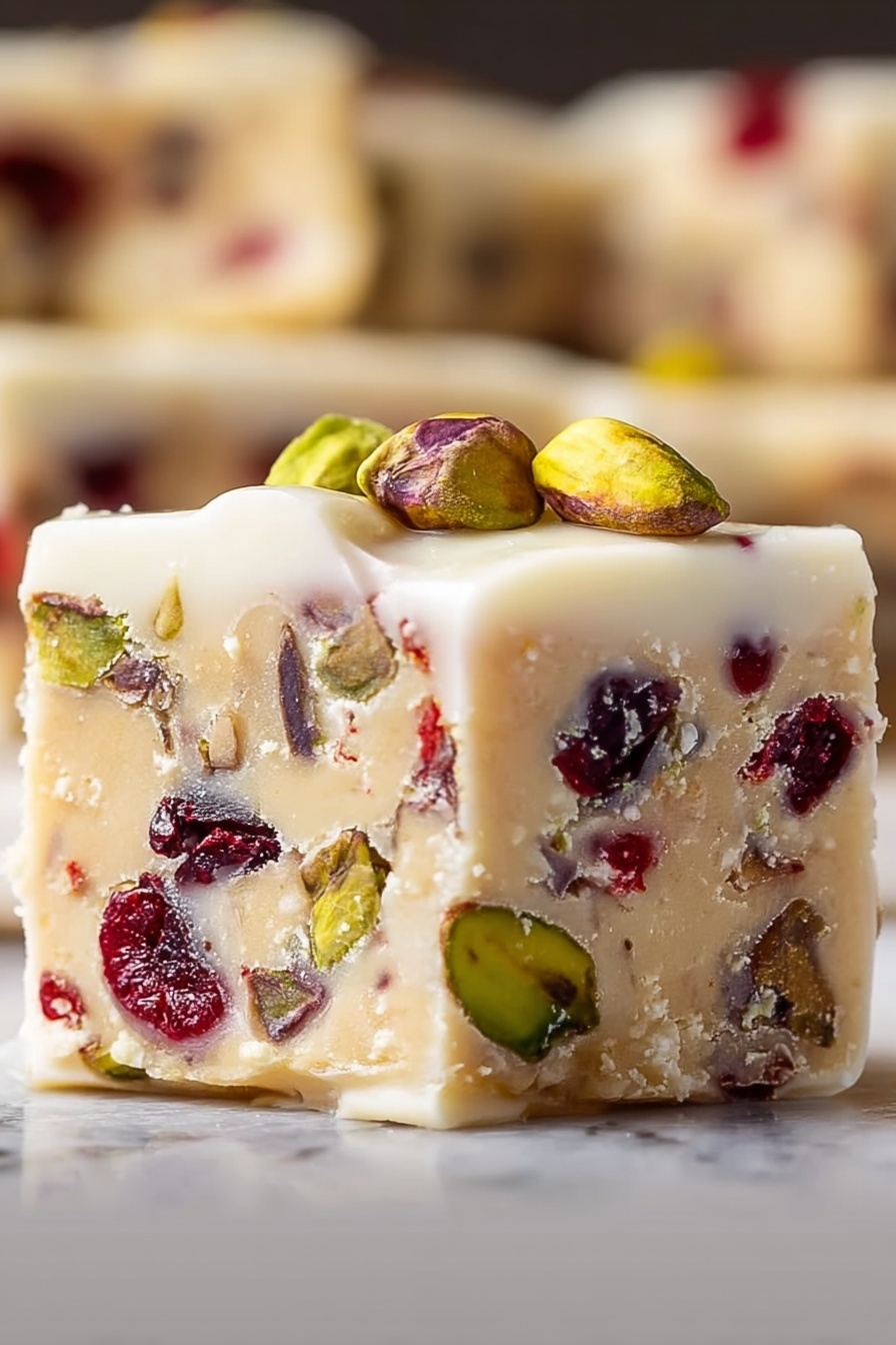 Cranberry Pistachio Shortbread Cookies, holiday shortbread cookies, fruity nut shortbread, white chocolate drizzle cookies, easy festive cookies - A thick, square piece of light beige fudge filled with colorful nuts and dried fruit pieces; the fudge has visible green pistachios, dark red cranberries, and light brown almond bits embedded inside. The top of the fudge is covered with a smooth, white icing layer topped with whole pistachios, showing a shiny and creamy texture. The fudge is placed on a white marbled surface, with soft blurred background colors. photo taken with an iphone --ar 2:3 --v 7