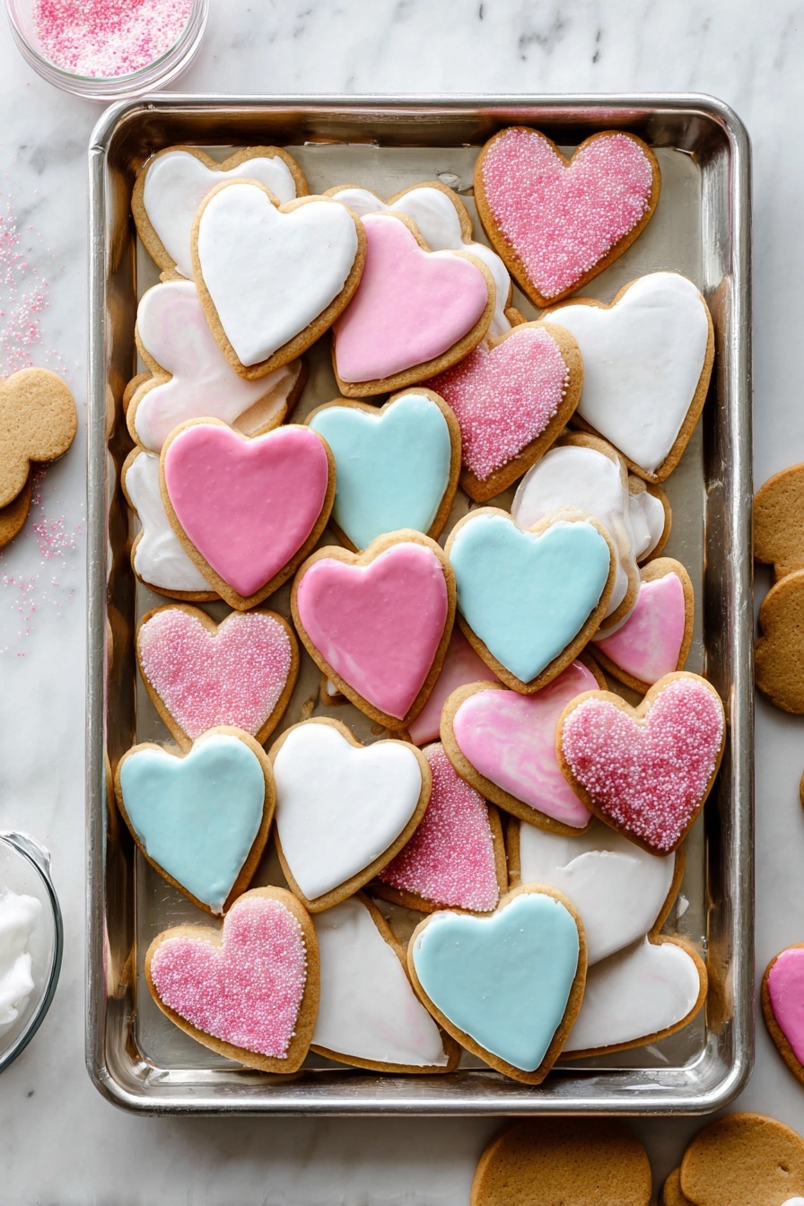 Soft Cut-Out Sugar Cookies, easy sugar cookies, tender cut-out cookies, homemade decorated cookies, soft cookie recipe - A metal baking tray filled with many heart-shaped and oval cookies arranged in layers. The base layer includes plain light brown cookies with no icing visible. The top layer covers most cookies in smooth white, pink, and blue icing; some have pink sugar sprinkles giving a rough texture while others have a smooth shiny finish. The hearts vary in size, with some large and some small, overlapping each other across the tray. The tray sits on a white marbled surface with a few extra plain cookies and a small container of pink sugar nearby. Photo taken with an iphone --ar 2:3 --v 7
