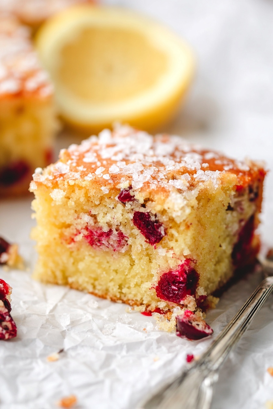Cranberry Orange Cake, Cranberry Orange Cake Recipe, festive citrus cake, easy fruit cake, moist citrus dessert - The image shows two stacked pieces of a light golden-yellow cake filled with bright red cranberries, some of which are broken open, adding a splash of deep red inside the cake. The top layer has a thin, slightly crunchy surface sprinkled with coarse sugar crystals that catch the light. The cake crumb looks soft and moist with a spongy texture. At the bottom left, two whole cranberries rest on the white marbled surface. A silver fork is pinned into the top piece from the left side, angled slightly upwards. The photo taken with an iphone --ar 2:3 --v 7