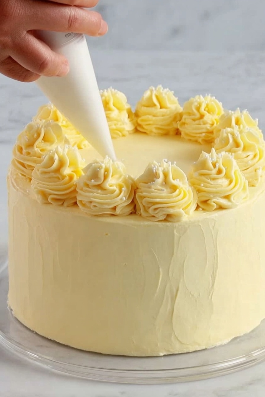 Vanilla Cake with Buttercream, vanilla cake recipe, homemade vanilla cake, classic vanilla sponge, buttercream frosting tutorial - A round cake covered in smooth, light yellow frosting is shown. On top, a woman's hand holds a piping bag, adding eight evenly spaced swirls of the same yellow frosting around the edge of the cake's top surface. The frosting swirls are textured with soft, curving ridges, and the top and sides of the cake have a creamy, matte finish. The cake sits on a clear glass plate, placed on a white marbled surface. photo taken with an iphone --ar 2:3 --v 7
