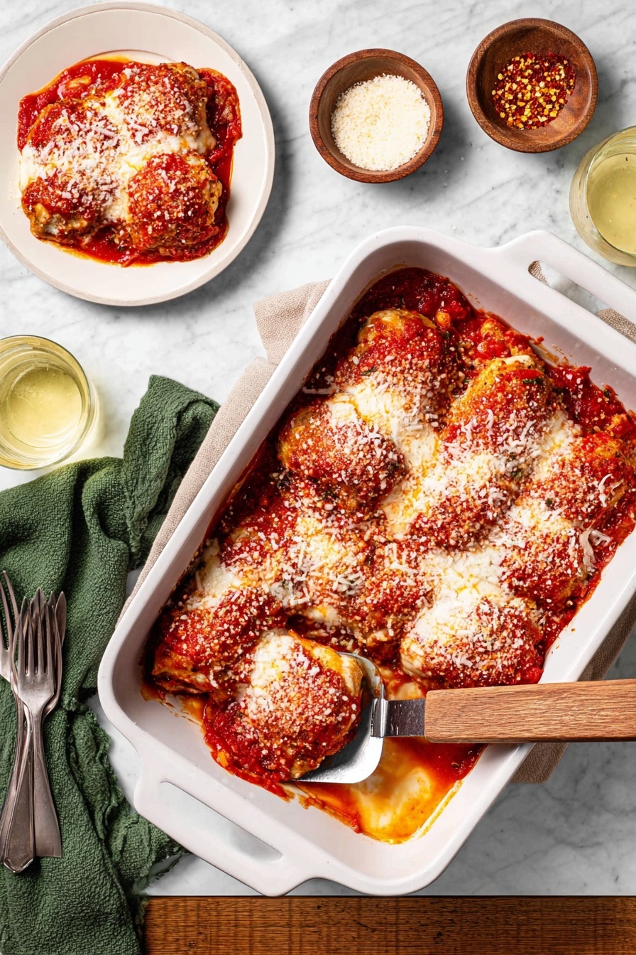 Eggplant Rollatini, Eggplant Rollatini recipe, Italian eggplant appetizer, cheesy eggplant rollups, baked eggplant with ricotta - A white baking dish filled with about two layers of golden-browned pieces of chicken covered in thick red tomato sauce, topped with grated cheese sprinkled evenly over all the chicken. A metal spatula with a wooden handle rests inside the dish, lifting some chicken to show the red sauce underneath. To the left, a white plate holds a serving of the same chicken and sauce. Above the baking dish, a white marbled surface has a small wooden bowl with grated cheese and a white bowl with crushed red pepper flakes. A green cloth with silver forks is placed on the left side, and a glass of light yellow drink is on the bottom left corner. The background is a white marbled texture. photo taken with an iphone --ar 2:3 --v 7