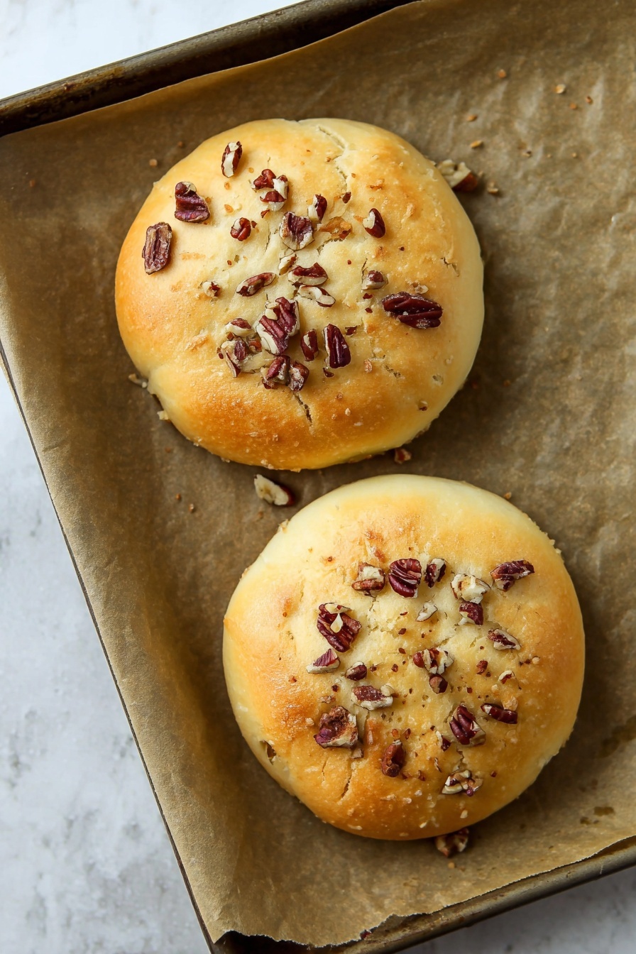 Cranberry Chicken Puffs, cranberry chicken appetizer, flaky chicken puffs, quick savory snacks, crowd-pleasing appetizer - Two round golden brown buns rest on a baking tray lined with light brown parchment paper. Each bun has a slightly cracked top layer showing soft light beige dough beneath, sprinkled with chopped dark brown pecans scattered unevenly over the surface. The tray lies on a white marbled surface that is smooth and clean. Photo taken with an iphone --ar 2:3 --v 7