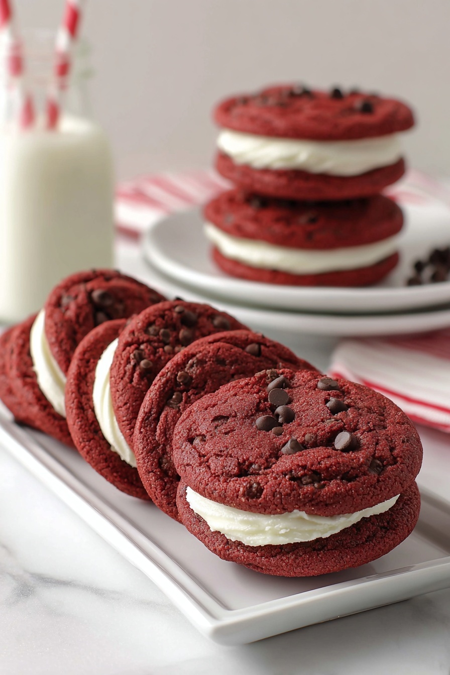 Red Velvet Cookie Sandwiches, red velvet cookies with cream cheese frosting, easy red velvet sandwich cookies, Valentine's Day dessert ideas, chewy red velvet cookies - There are four red velvet cookies with chocolate chips arranged in a row on a white rectangular plate on a white marbled surface. Each cookie is thick and round with a slightly rough texture and visible chocolate chips on the surface. They are sandwiched with a smooth, white cream filling that stands out against the deep red color of the cookies. In the background, there is a stack of similar sandwich cookies on another white plate, and a glass bottle of milk with a red and white striped straw. The whole scene is clean and bright. photo taken with an iphone --ar 2:3 --v 7