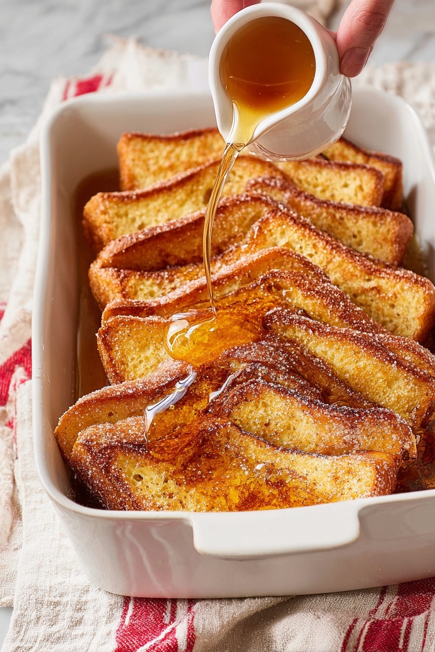 Brioche French Toast Casserole, easy brunch recipes, holiday breakfast ideas, baked French toast, indulgent breakfast casserole - A white rectangular baking dish holds three layers of golden-brown toast slices, each slice standing upright and slightly overlapping the next, forming a neat, angled pattern. The toast has a crunchy texture with some coarse sugar sprinkled on top. A woman's hand pours a light amber syrup over the toast, creating shiny pools of syrup that run into the layers. The dish rests on a light cloth with red stripes on a white marbled surface. Photo taken with an iphone --ar 2:3 --v 7