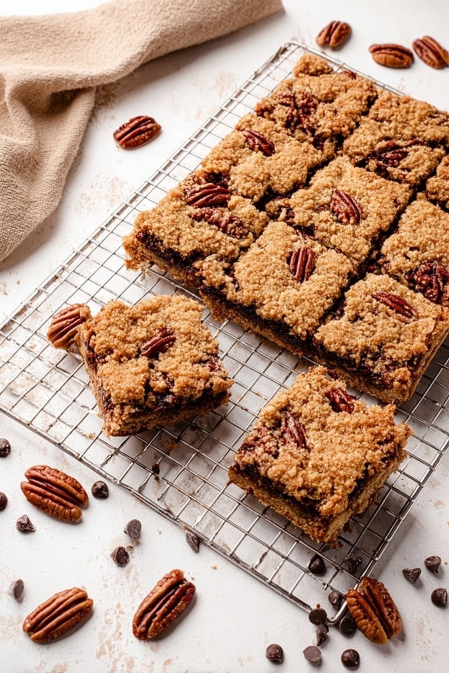 Chocolate Caramel Bar, Chocolate Caramel Bars recipe, caramel chocolate bar, no-bake caramel bars, easy chocolate caramel desserts - The image shows a close-up view of a thick bar on a metal cooling rack. The bar has two main layers: the bottom layer is light brown with a crumbly, oat-like texture, and the top layer is golden and slightly crisp with visible oats. Inside, a middle layer contains melted dark chocolate chips mixed with pecan pieces that are dark brown and shiny. The edges of the bar are rough, and extra pecans are scattered around on the white marbled surface below the rack. Photo taken with an iphone --ar 2:3 --v 7