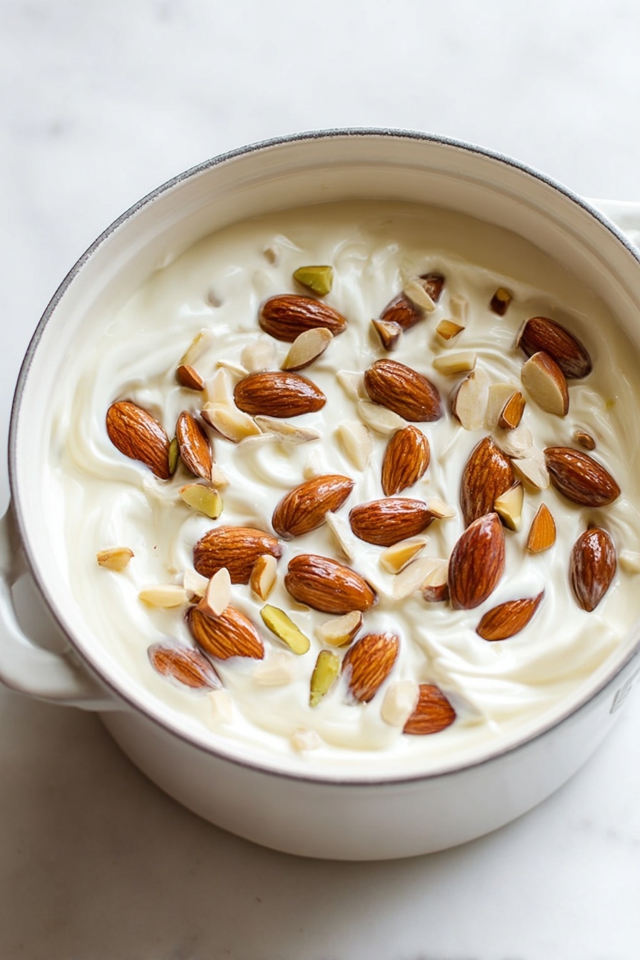 Italian Torrone Nougat, homemade Italian nougat, easy torrone recipe, festive Italian confections, nutty Italian holiday treat - A white pot filled with one main layer of thick, creamy white yogurt mixed with whole and sliced almonds scattered evenly on the top. The almonds vary in shades of light brown to dark brown and are embedded slightly into the creamy yogurt, creating a textured surface with visible swirls in the yogurt beneath. The pot is sitting on a white marbled surface with soft lighting that highlights the smoothness of the yogurt and the natural shine of the nuts. Photo taken with an iphone --ar 2:3 --v 7