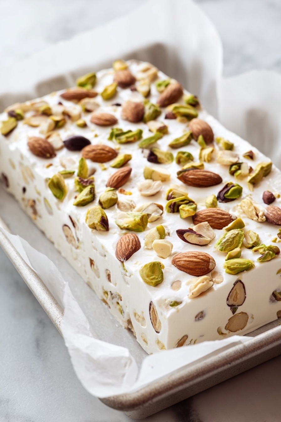 Italian Torrone Nougat, homemade Italian nougat, easy torrone recipe, festive Italian confections, nutty Italian holiday treat - A rectangular block of white nougat is shown resting on white parchment paper inside a white tray, placed on a white marbled surface. The nougat has one thick layer, filled inside and topped with whole almonds, pistachios, and hazelnuts that add a mix of light brown, dark brown, and green colors scattered evenly on the smooth, slightly glossy white base. Photo taken with an iphone --ar 2:3 --v 7