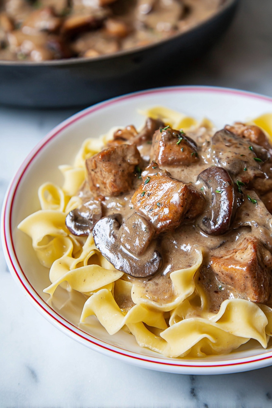 Easy Chicken Stroganoff, chicken stroganoff recipe, creamy chicken dinner, quick weeknight meals, comforting chicken dish - The dish shows a layer of light yellow egg noodles at the bottom, with soft wide ribbons that curl slightly. On top, there is a thick layer of brown creamy sauce that coats chunks of cooked meat and slices of mushrooms. The meat pieces are uneven in size and have seared brown edges. The mushrooms are dark brown and smooth. Everything is served in a white bowl with a thin red ring around the edge. The bowl sits on a white marbled surface. In the background, there is a hint of a black skillet with more meat and sauce inside. Photo taken with an iphone --ar 2:3 --v 7