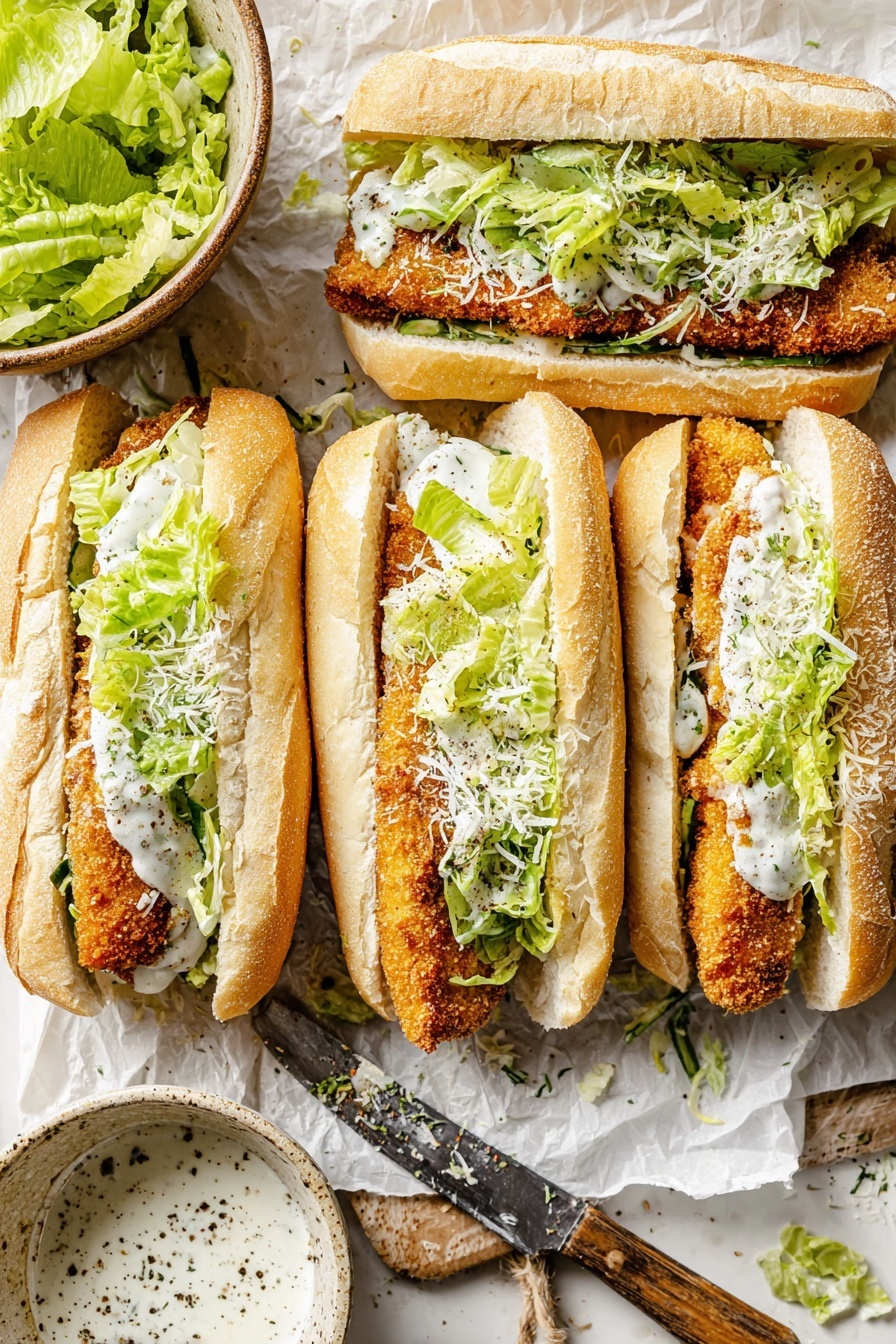Crispy Chicken Caesar Sandwich, crispy chicken sandwich recipe, homemade Caesar sauce, toasted hoagie sandwiches, crunchy chicken sandwich ideas - Four sandwiches are lined up on white parchment over a white marbled surface. Each sandwich has three layers: a soft, lightly toasted long white roll at the bottom with visible herbs, a crispy golden-brown breaded chicken strip in the middle, and a layer of fresh green lettuce mixed with creamy white dressing on top. Grated white cheese is sprinkled over the sandwiches. To the left, a brown bowl holds more fresh lettuce, and to the lower right, a rustic bowl contains white sauce with black pepper specks. A knife with a wooden handle lies near the lettuce bowl. The photo taken with an iphone --ar 2:3 --v 7