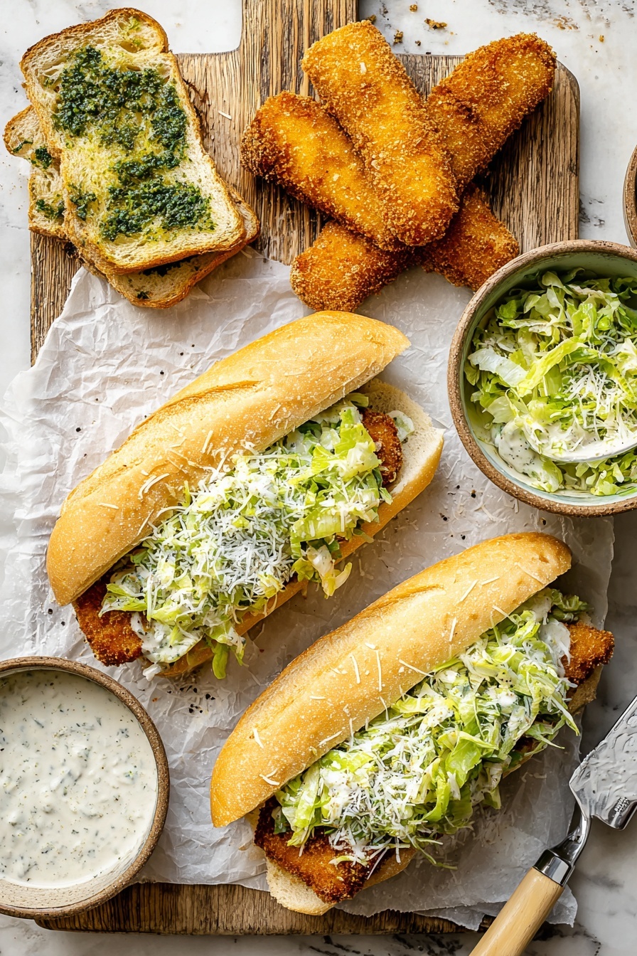 Crispy Chicken Caesar Sandwich, crispy chicken sandwich recipe, homemade Caesar sauce, toasted hoagie sandwiches, crunchy chicken sandwich ideas - The image shows two sandwiches placed on white parchment paper over a wooden board with a white marbled surface beneath. Each sandwich has a light brown, crusty sandwich roll sliced open, filled with a golden-brown crispy fried cutlet as the bottom layer. On top of the cutlets is a generous layer of fresh, bright green shredded lettuce mixed lightly with a creamy dressing. The sandwiches are sprinkled with white grated cheese, adding a snowy texture on top. On the board above the sandwiches, there are two extra crispy fried cutlets side by side. To the left, there is a toasted white bread slice spread with green herb and butter mix. Next to it, a small rustic bowl contains creamy white sauce topped with black pepper. At the upper right corner of the board, a bowl holds more lettuce salad, coated lightly with the same creamy dressing and grated cheese. A metal spatula with a light wooden handle leans on the white marbled surface near the bowls. photo taken with an iphone --ar 2:3 --v 7
