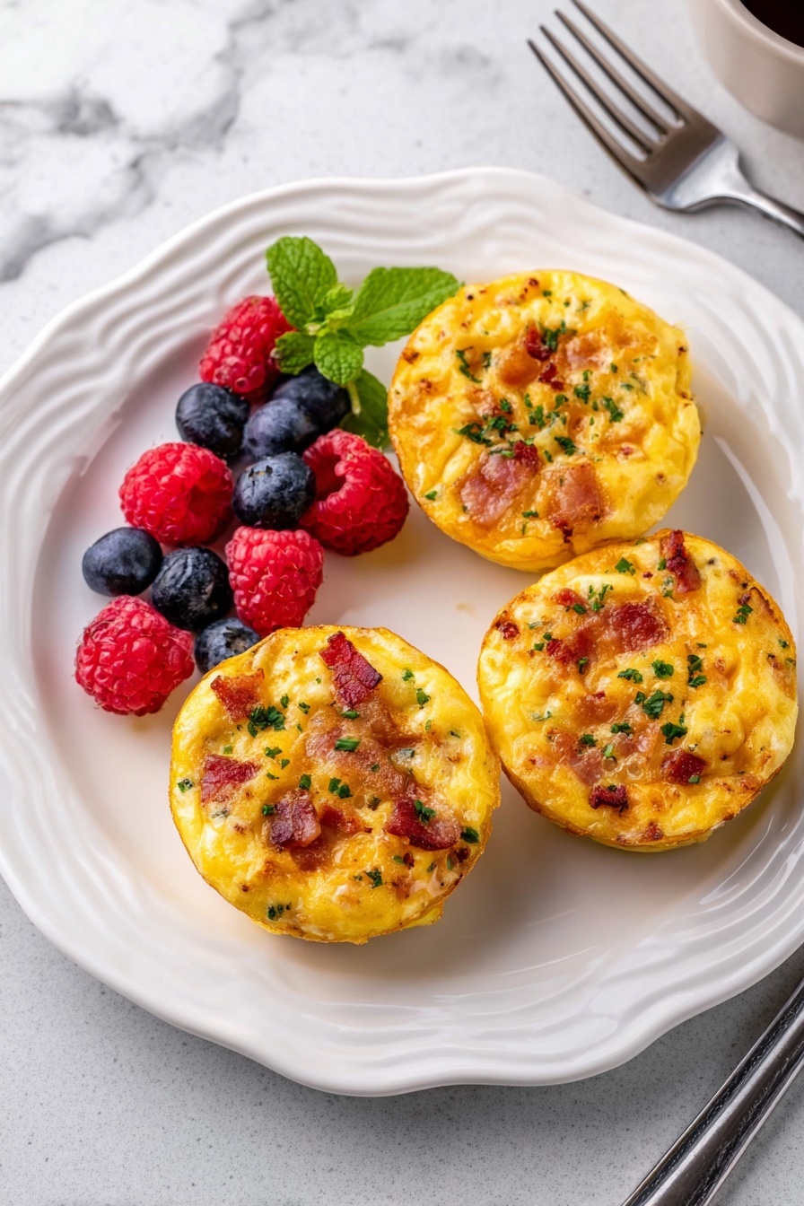 Healthy Egg Bites, healthy egg bites recipe, easy egg bites, nutritious breakfast ideas, homemade egg bites - A white plate with a wavy edge holds three round, golden-yellow egg muffins that have small pieces of reddish-brown bacon and melted cheese mixed inside, with some green parsley sprinkled on top. Beside the muffins is a small pile of fresh berries including bright red raspberries and dark blue blueberries, topped with a small green mint leaf. The plate sits on a white marbled surface with a fork visible on the right side near the edge. photo taken with an iphone --ar 2:3 --v 7