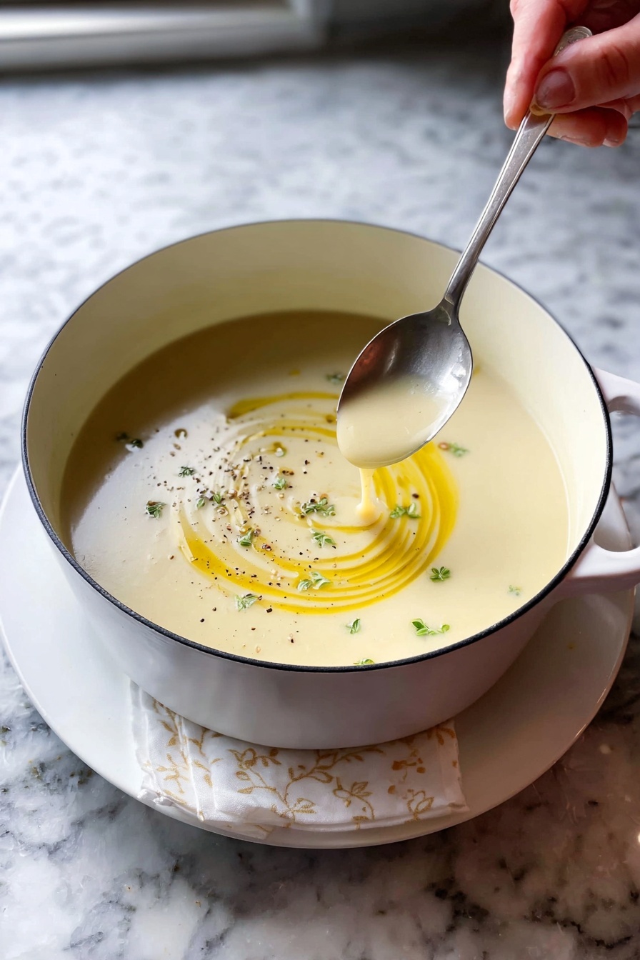 Creamy Potato Leek Soup, potato leek soup, easy creamy soup recipes, cozy vegetable soups, comforting leek soup - A white bowl filled with smooth, creamy light beige soup sits in the center. On top, there is a spiral of bright yellow oil and small green herb leaves scattered around, along with a light sprinkle of black pepper. A silver spoon rests on the right edge of the bowl. The bowl is placed on a white plate that holds a white and light yellow patterned cloth. The background shows a white marbled texture with small green herb sprigs scattered around. photo taken with an iphone --ar 2:3 --v 7