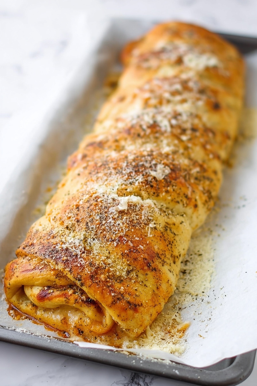 Cheesy Pepperoni Rolls with Marinara, pepperoni roll appetizer, cheesy Italian snack, easy pizza dough snacks, savory party finger foods - A long, golden-brown rolled bread sits on white parchment paper in a baking tray. The bread surface is sprinkled with white grated cheese and black pepper, giving it a textured look. The edges show some melted cheese oozing out slightly, and the roll looks soft but crispy on top with uneven browning. The tray rests on a white marbled surface. photo taken with an iphone --ar 2:3 --v 7