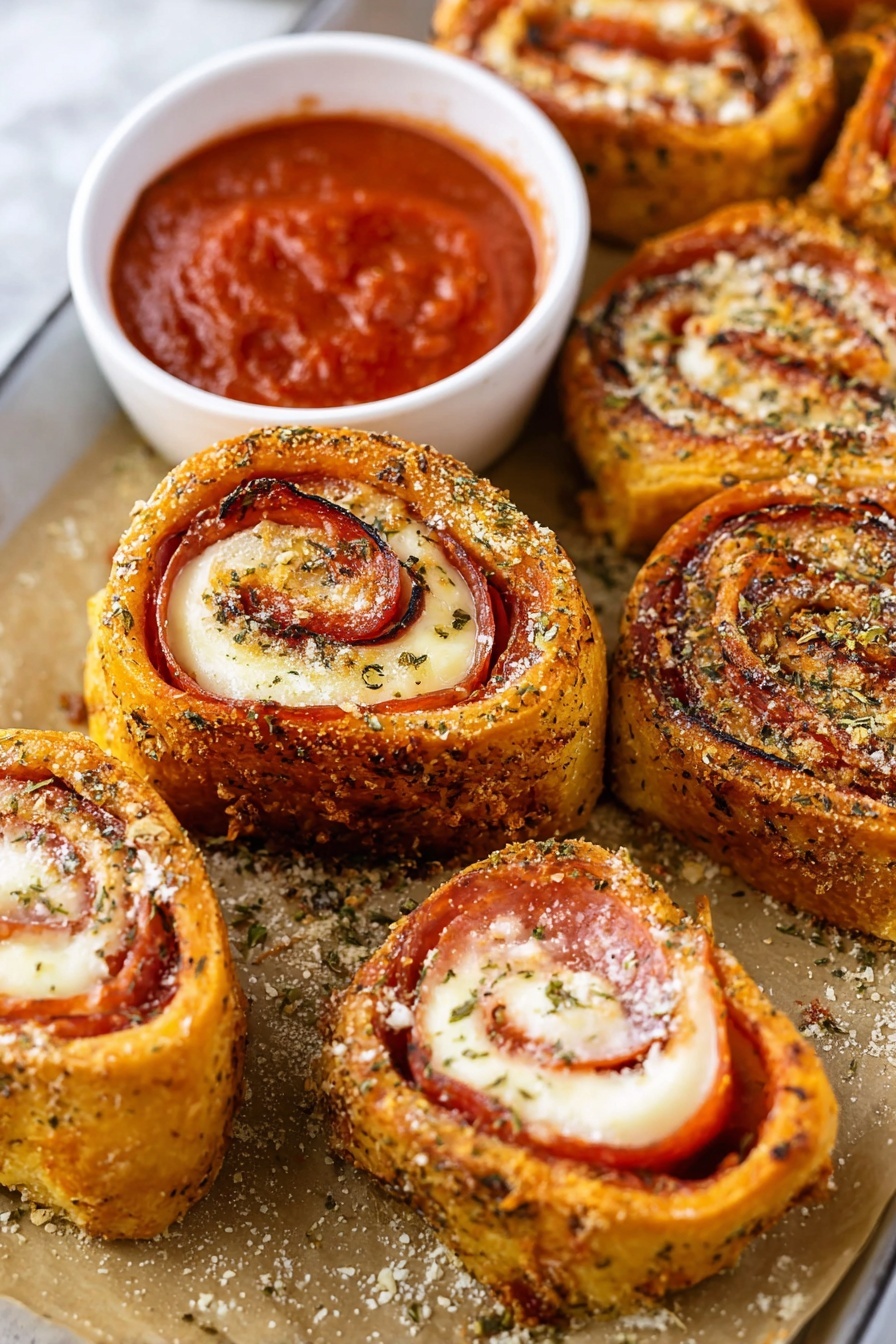 Cheesy Pepperoni Rolls with Marinara, pepperoni roll appetizer, cheesy Italian snack, easy pizza dough snacks, savory party finger foods - The image shows several golden-brown pizza rolls arranged closely on a light brown parchment paper. Each roll has a crispy outer crust sprinkled with herbs and parmesan, and inner layers of red pepperoni slices and white melted cheese, swirled in a spiral. A small white bowl filled with thick bright red marinara sauce is placed among the pizza rolls. The background is a white marbled texture. Photo taken with an iphone --ar 2:3 --v 7