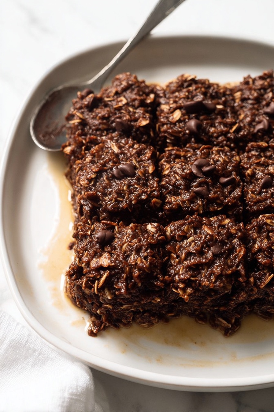 Healthy Banana Chocolate Oat Bake, healthy breakfast recipes, nutritious baked oats, chocolate banana breakfast, quick healthy breakfast - A rectangular white ceramic dish filled with a baked dark brown oat and chocolate chip mixture that is thick and textured. The surface is rough with visible oats and small shiny chocolate chips scattered throughout. The dish is placed on a white marbled surface with a white cloth partially visible at the bottom left. The top is divided into six uneven square pieces that show the dense and moist texture inside. Photo taken with an iphone --ar 2:3 --v 7