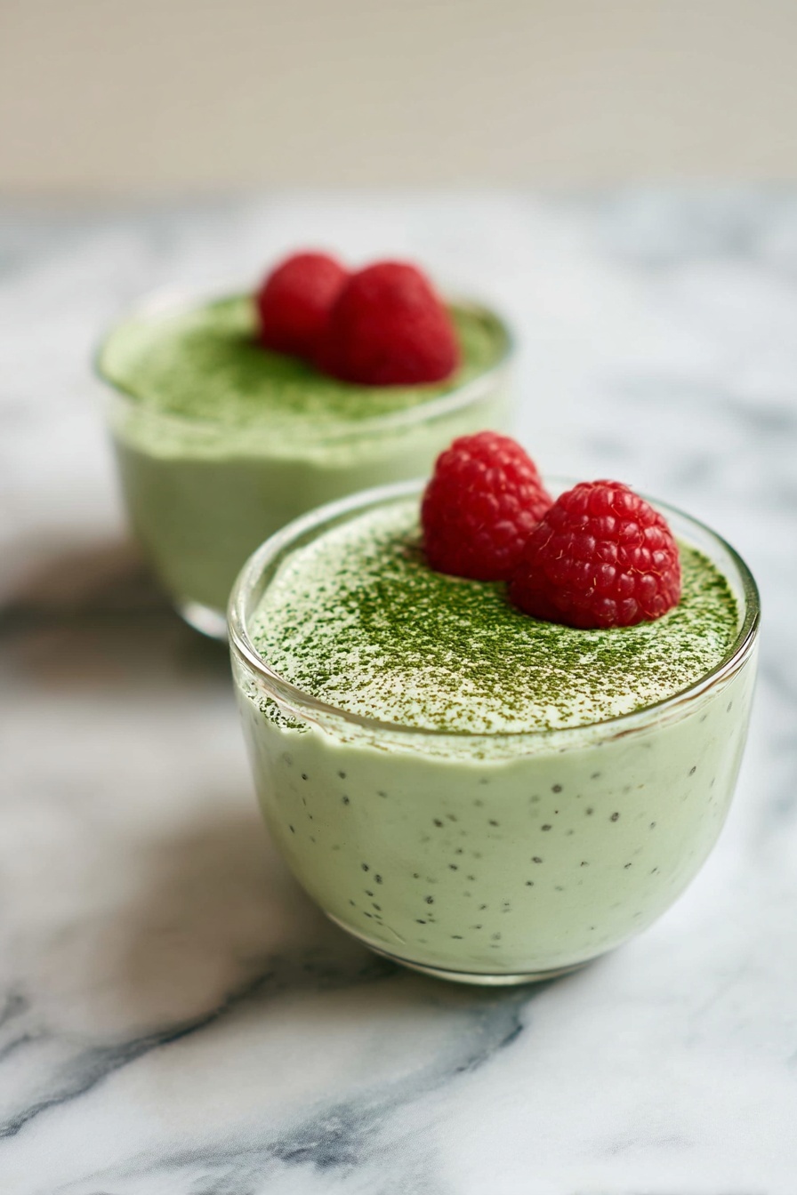 Matcha Protein Chia Pudding, healthy matcha chia pudding, protein-packed breakfast recipes, quick nutritious snacks, vegan chia pudding ideas - Two clear glass bowls are filled with a light green mousse-like dessert that has tiny black seeds throughout. Each bowl has a layer of green powder sprinkled on top, creating a matte texture. Two bright red raspberries sit on the surface of each dessert, adding a pop of color. The bowls are placed on a white marbled surface, with one bowl slightly behind and blurred, and the other in clear focus in the front. Photo taken with an iphone --ar 2:3 --v 7