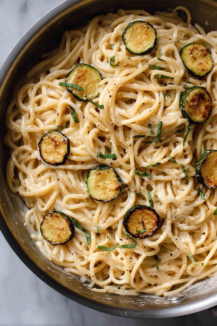 Spaghetti with Crispy Zucchini and Parmesan, zucchini pasta with parmesan, crispy zucchini spaghetti, easy zucchini pasta recipe, flavorful zucchini pasta dish - A close-up of a pan filled with creamy spaghetti noodles that are slightly twisted and intertwined. Scattered on top are small round pieces of golden brown cooked zucchini with a slight crisp texture on the edges. Thin strips of fresh green herbs are also sprinkled evenly over the pasta. The pasta has a light-colored cream sauce coating with a mild shine, and a few light specks of black pepper are visible throughout. The pan sits on a white marbled surface. photo taken with an iphone --ar 2:3 --v 7