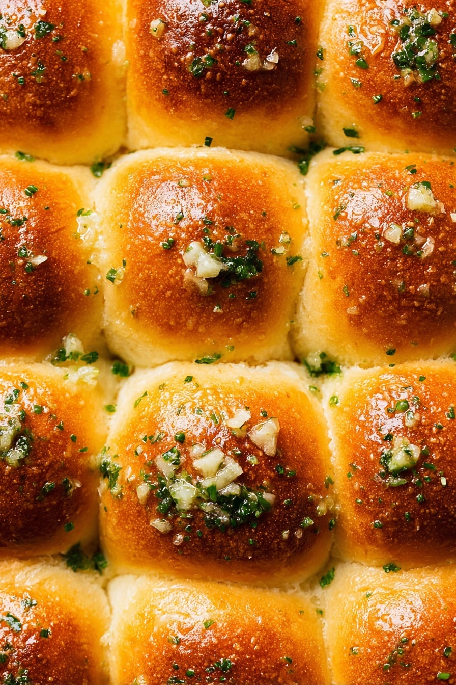 Garlic Bread Rolls, homemade garlic bread, soft bread rolls, garlic bread ideas, easy bread recipes - A close-up view of soft, round dinner rolls arranged in a 3x3 grid, each roll with a shiny golden brown top that is slightly darker in the center, showing a smooth and glossy texture. The rolls are closely packed, with slightly yellow sides touching each other. They are sprinkled with small bits of chopped green herbs and minced garlic scattered unevenly on top, adding a fresh contrast to the warm tones. The background is not visible, focusing tightly on the rolls. Photo taken with an iphone --ar 2:3 --v 7