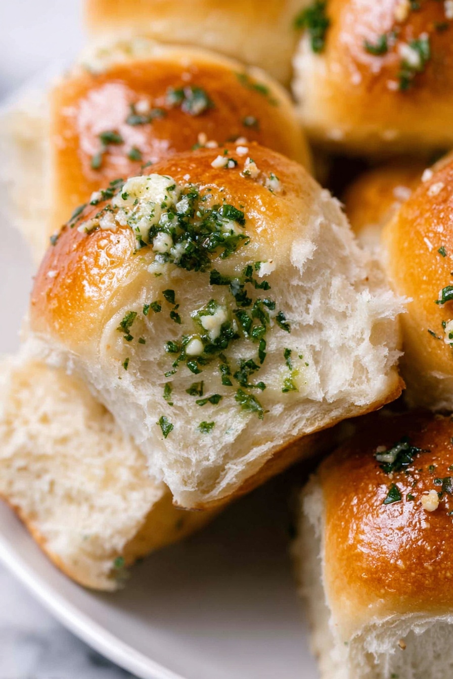 Garlic Bread Rolls, homemade garlic bread, soft bread rolls, garlic bread ideas, easy bread recipes - The image shows close-up soft dinner rolls with a shiny golden-brown top layer brushed with garlic butter and small pieces of chopped green herbs, likely parsley, sprinkled generously. The inside of the roll is fluffy and white with a light and airy texture. The rolls are placed closely together on a white plate over a white marbled surface. The focus is on one roll slightly pulled apart to show its soft inside. Photo taken with an iphone --ar 2:3 --v 7
