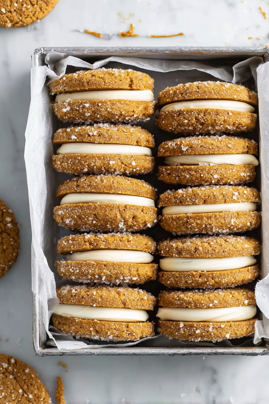 Gingerbread Sandwich Cookies with Vanilla Frosting, holiday gingerbread cookies, festive sandwich cookies, spicy gingerbread treats, vanilla frosting cookies - A stack of sandwich cookies arranged in a pyramid on a white plate, each cookie having two golden-brown textured layers with sugar crystals on the surface and a thick layer of smooth white cream filling in the middle. The cookies show some cracks and rough edges, creating a crunchy look, and the creamy filling is even and slightly raised between the cookie layers. The background is a soft focus with blurred hints of green and red, and the surface beneath the plate is a white marbled texture. photo taken with an iphone --ar 2:3 --v 7