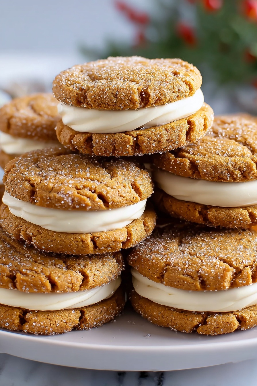 Gingerbread Sandwich Cookies with Vanilla Frosting, holiday gingerbread cookies, festive sandwich cookies, spicy gingerbread treats, vanilla frosting cookies - The image shows three neat rows of sandwich cookies stacked upright inside a metal tray lined with white parchment paper. Each cookie is made of two golden-brown, sugar-coated biscuit layers with visible coarse sugar crystals on the outside, and a smooth, creamy white filling sandwiched in the middle. The biscuits appear crumbly with a slightly rough texture, and the cream layer is thick and even. The tray sits on a white marbled surface, with a few sugar crumbs scattered around. Photo taken with an iphone --ar 2:3 --v 7