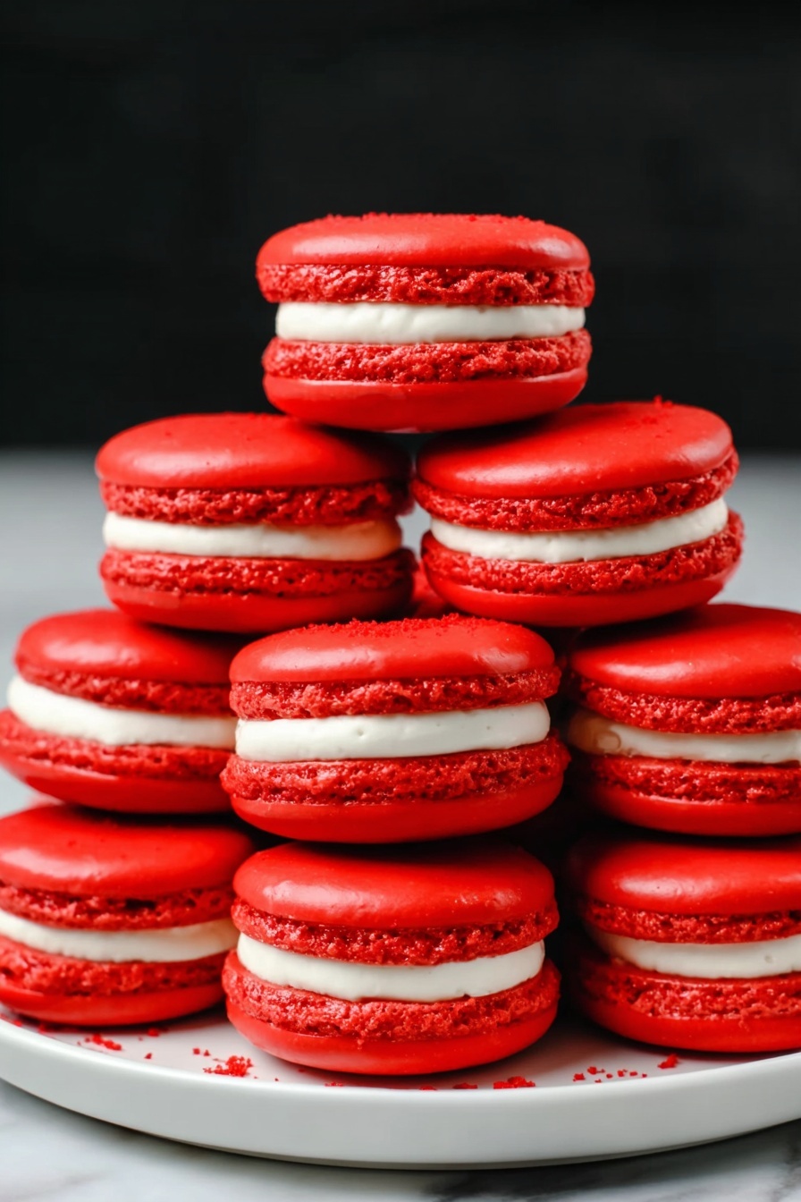 Red Velvet Macarons with Cream Cheese Filling, Red Velvet Macarons recipe, homemade red velvet macarons, cream cheese-filled macarons, festive red velvet desserts - A white plate stacked with ten bright red macarons arranged in a pyramid shape. Each macaron has two smooth, shiny red shells with a consistent white cream filling in the middle. The red shells have a slightly textured edge showing their crispness. The background is a plain black, and the plate is set on a white marbled surface. photo taken with an iphone --ar 2:3 --v 7