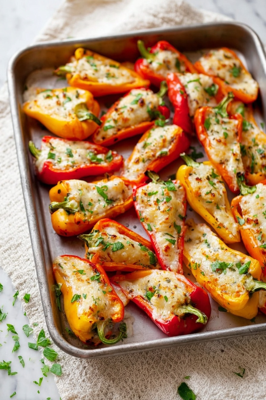 Cream Cheese Stuffed Mini Peppers, Mini Pepper Appetizer, Stuffed Mini Peppers Recipe, Easy Party Snacks, Cheesy Mini Peppers - A metal tray is full of many halved mini bell peppers in red, orange, and yellow colors. Each pepper half is filled with a creamy white mixture topped with melted light brown cheese and small green herb pieces scattered on top. The tray is placed on a light cream-colored textured cloth with a white marbled surface underneath. Small green herb pieces are also sprinkled around the tray. photo taken with an iphone --ar 2:3 --v 7