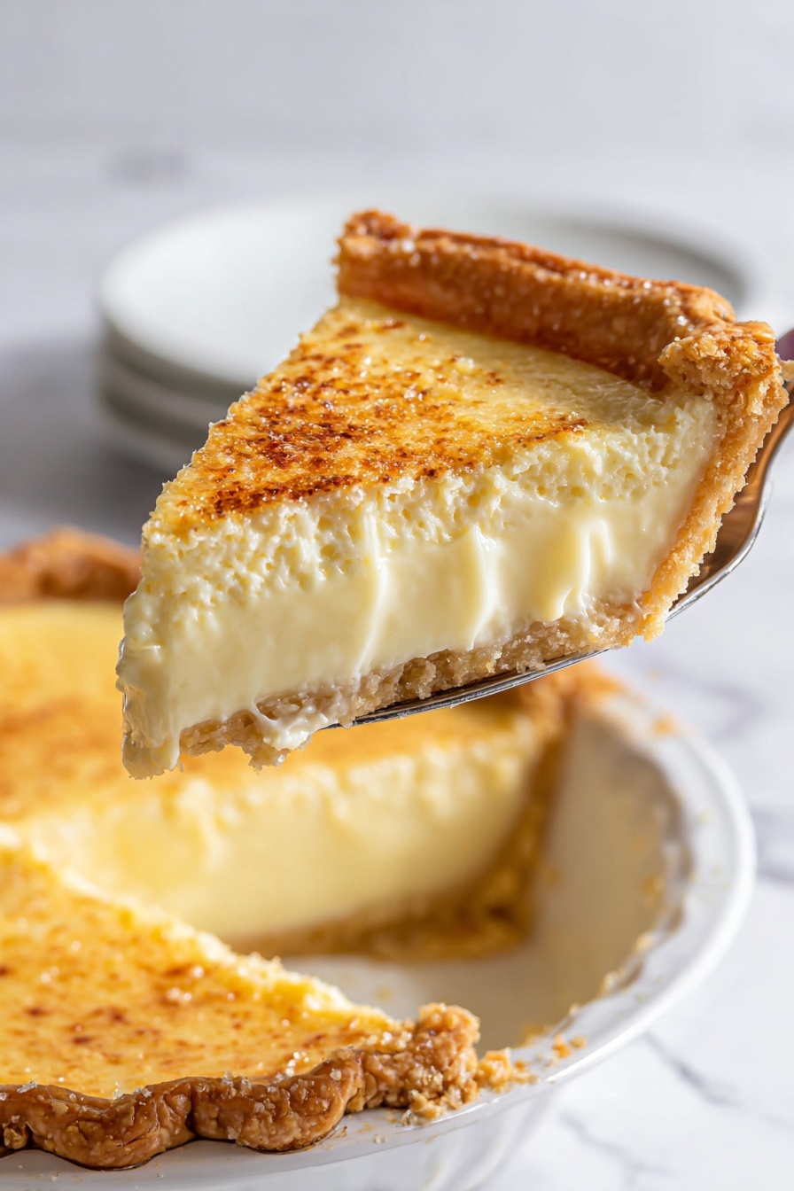 Egg Custard Pie, classic custard pie recipe, homemade egg custard dessert, easy custard pie, creamy custard pie - A slice of creamy pie is being lifted above the rest of the pie in a white pie tin. The pie has three layers: a light golden brown crust with a flaky texture at the bottom, a thick pale yellow custard filling in the middle that looks smooth and soft, and a slightly browned, speckled top layer that has a slightly rough texture. The background is a white marbled surface, and a white plate is blurred in the background. Photo taken with an iphone --ar 2:3 --v 7