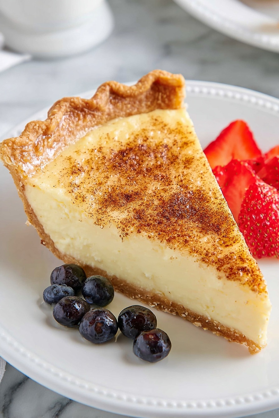 Egg Custard Pie, classic custard pie recipe, homemade egg custard dessert, easy custard pie, creamy custard pie - A slice of creamy custard pie with a golden-brown top sprinkled with cinnamon sits on a white plate with a slight raised dot pattern around the edge. The pie has three layers: a light brown crust with a crimped edge, a thick smooth pale yellow custard filling, and a slightly darker cinnamon-dusted surface. To the left of the pie slice, there are three red strawberry slices and several dark blue blueberries scattered next to it. The plate is on a white marbled surface. photo taken with an iphone --ar 2:3 --v 7