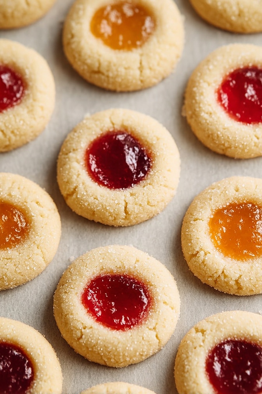 Thumbprint Cookies with Jam, thumbprint cookies, jam-filled cookies, buttery thumbprint cookies, holiday cookie recipes - The image shows a close-up view of round thumbprint cookies arranged in rows on a light-colored parchment paper over a white marbled texture surface. Each cookie has one layer of soft, pale golden dough forming a smooth, slightly rounded base with an indented center filled with two colors of jam: deep red and bright orange. The jam has a glossy, jiggly texture that contrasts with the matte finish of the cookie dough. The scene is evenly lit, showing small sugar crystals on the dough, and the cookies are neatly spaced to show uniform size and shape. photo taken with an iphone --ar 2:3 --v 7