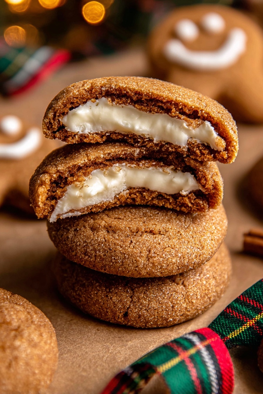 Gingerbread Cheesecake Cookies, holiday gingerbread cookies, spicy gingerbread cookies, cheesecake cookie recipes, festive holiday treats - A stack of four round cookies is shown, each cookie has a thick light brown outer layer with a slightly crispy texture, and a creamy white filling in the center partially visible due to each cookie being broken in half; the stack is on a brown paper surface with more whole cookies scattered around, including one smiling gingerbread man cookie in the blurred background, and a green, red, and yellow plaid ribbon lies in the front bottom right corner; the scene has warm lighting with a cozy holiday feel. photo taken with an iphone --ar 2:3 --v 7