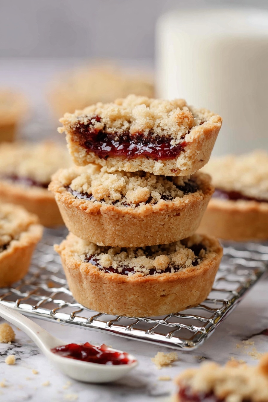 Raspberry Crumble Cookies, raspberry crumble cookies recipe, fruity crumbly cookies, buttery raspberry cookies, easy raspberry cookies - The image shows a stack of three small round crumb-topped jam tarts placed on a metal rack over a white marbled surface. Each tart has a thick, golden brown crumbly crust around the edge and a layer of dark red jam slightly visible beneath the crumb topping. In front of the tart stack, there is a broken tart piece showing the same layers: crumb topping, dark jam, and crust. Next to the broken piece is a small white spoon with dark red jam inside. The background is softly blurred with more tarts and a glass of milk. Photo taken with an iphone --ar 2:3 --v 7