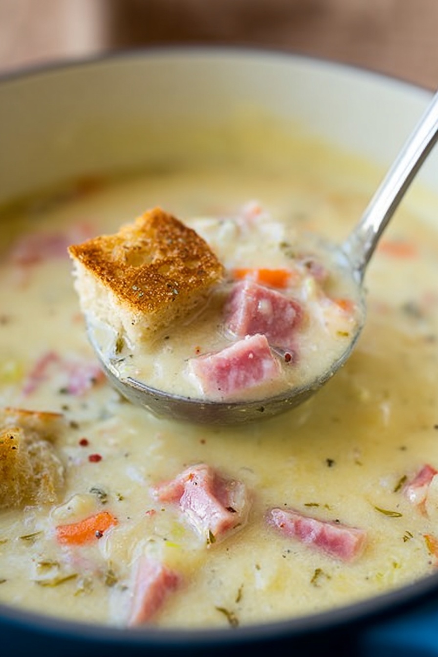 Reuben Soup with Corned Beef and Swiss, Reuben Soup recipe, hearty corned beef soup, creamy Swiss cheese soup, easy Reuben-inspired soup - A close-up view of a large silver ladle filled with thick creamy soup showing pink pieces of meat, small chunks of orange carrot, and some small bits of other vegetables and herbs mixed throughout. The soup in the ladle is pale yellow with a smooth and slightly chunky texture. It is held above a large pot filled with the same creamy soup, which also displays pink meat chunks and orange carrot pieces scattered in the pale yellow base. The background is out of focus with a soft brown hue, emphasizing the thick soup in the ladle. photo taken with an iphone --ar 2:3 --v 7