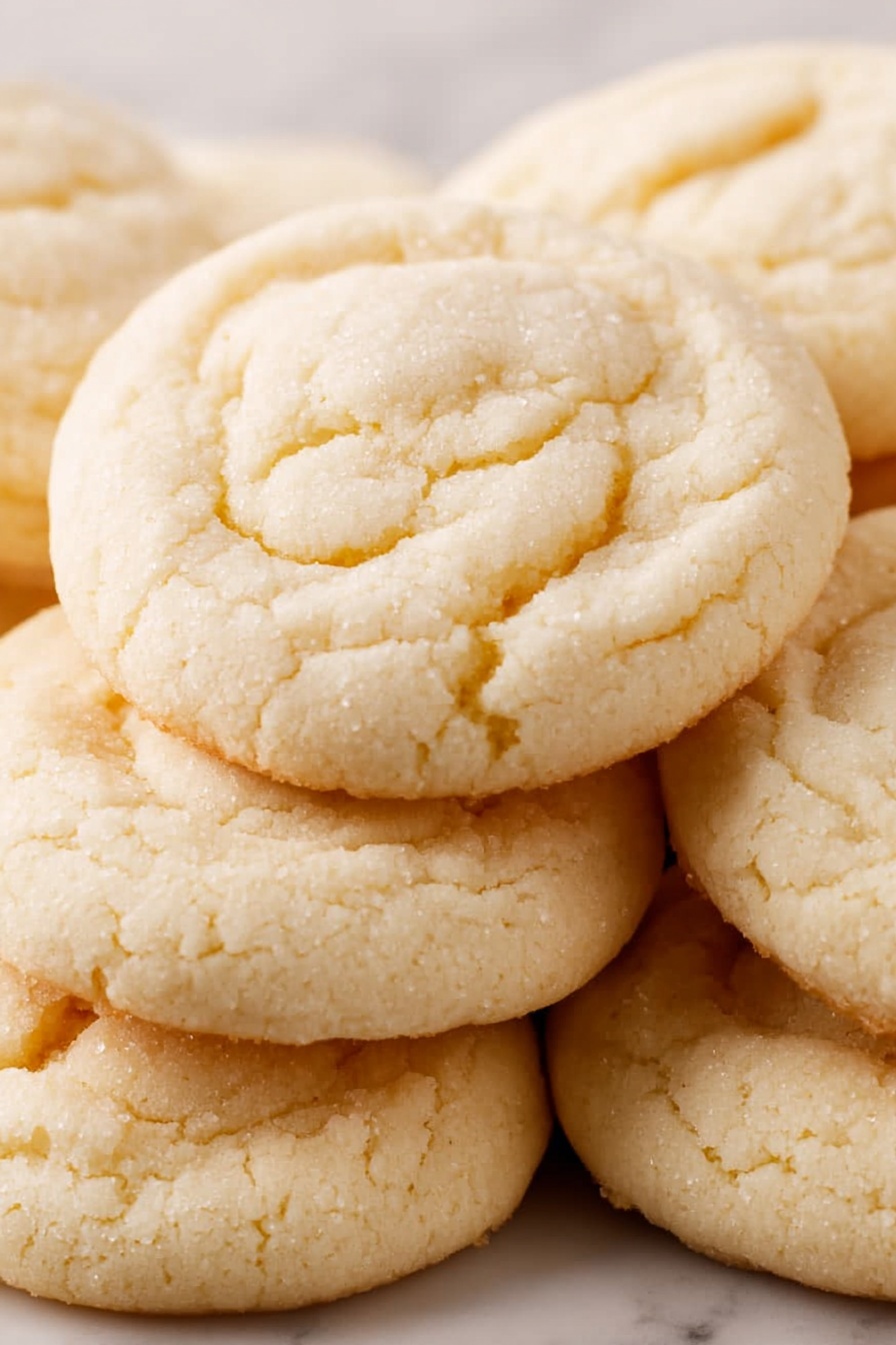 Amish Sugar Cookies, Amish Sugar Cookies recipe, soft buttery cookies, homemade Amish cookies, easy sugar cookie recipe - A close-up image shows a stack of soft, round cookies with a light beige color, each cookie having a soft, slightly cracked top texture. The cookies are piled unevenly on each other, showing their light, fluffy thickness and soft edges. The background surface is a white marbled texture that adds a clean contrast to the cookies' pale color. photo taken with an iphone --ar 2:3 --v 7