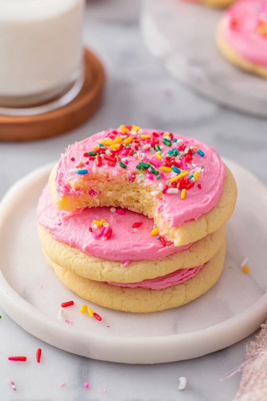 Soft Frosted Sugar Cookies, soft sugar cookies recipe, buttery sugar cookies with frosting, beginner-friendly sugar cookies, holiday sugar cookie ideas - The image shows a stack of three soft, pale yellow cookies with a rough texture, each separated by a thick layer of bright pink frosting. The top cookie has more pink frosting swirled on top with colorful sprinkles scattered over it, including red, white, yellow, blue, and green. They sit on a small white marble round plate, with a few sprinkles spilled around the base. The background is a white marbled surface with a blurred light-colored cup and woven coaster in the back photo taken with an iphone --ar 2:3 --v 7