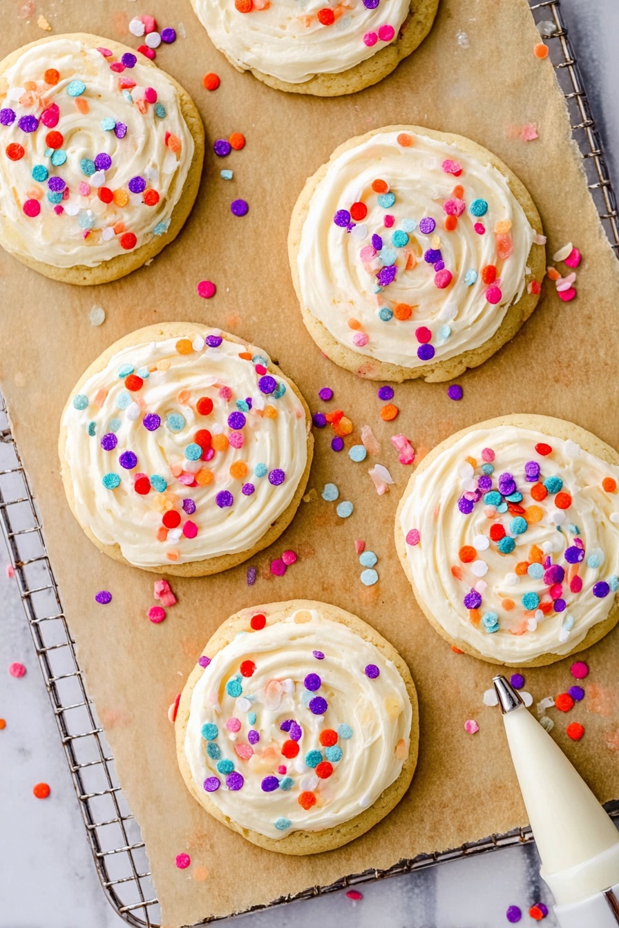 Confetti Cake Mix Cookies, colorful funfetti cookies, easy cake mix cookie recipe, festive rainbow cookies, soft chewy sprinkles cookies - Six soft round cookies are shown on a white marbled surface lined with brown parchment paper and a wire cooling rack. Each cookie has one thick, creamy white frosting layer swirled on top, covering nearly the entire cookie. The frosting is dotted with colorful round confetti sprinkles in red, purple, orange, aqua blue, and white, scattered both on the frosting and the paper around the cookies. At the bottom right corner, a white piping bag with a metal tip is partly visible as if it was just used to decorate the cookies. Photo taken with an iphone --ar 2:3 --v 7
