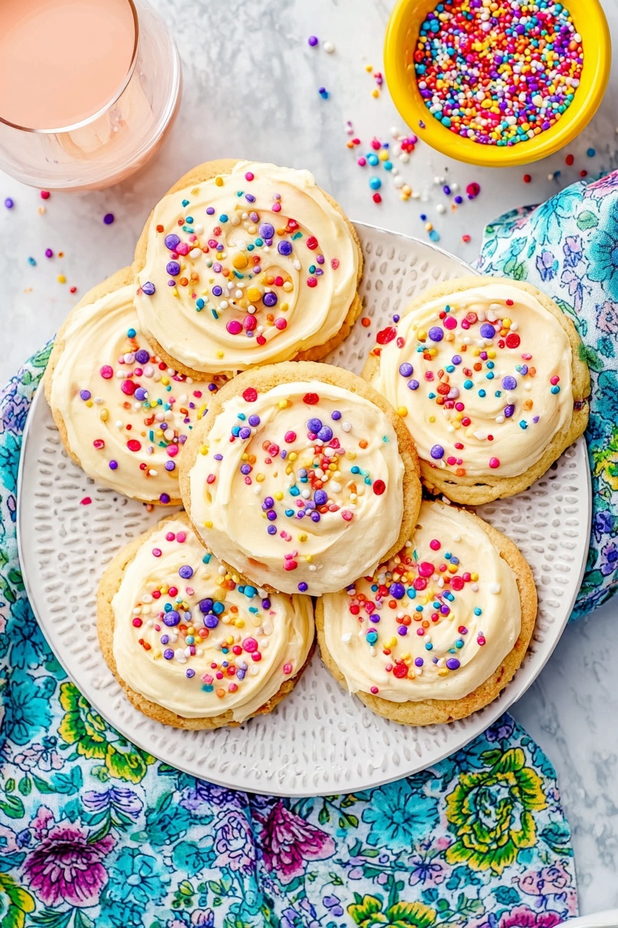 Confetti Cake Mix Cookies, colorful funfetti cookies, easy cake mix cookie recipe, festive rainbow cookies, soft chewy sprinkles cookies - The image shows seven round cookies placed closely on a white plate with a subtle patterned edge, all topped with a smooth layer of light cream-colored frosting swirled in a circular pattern. Each cookie is decorated with many small, colorful round and sprinkle-shaped confetti in red, purple, blue, yellow, green, and white, scattered evenly over the frosting. The plate sits on a white marbled surface next to a small yellow bowl filled with more colorful sprinkles and a glass of light pink liquid. A bright blue and green floral patterned cloth partially covers the surface around the plate. Photo taken with an iphone --ar 2:3 --v 7