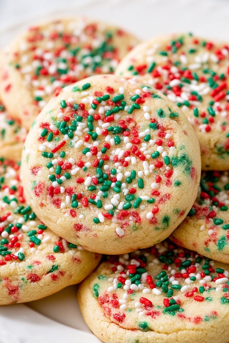 No-Roll Christmas Sprinkle Cookies, festive holiday cookies, easy Christmas cookies, colorful sprinkle cookies, no-bake holiday treats - A white plate filled with twelve round cookies stacked in a slightly overlapping way. Each cookie is light golden brown with a soft texture and topped with colorful sprinkles in red, green, and white, scattered evenly across the surface. The cookies have visible darker spots where chocolate chips or similar small ingredients are baked inside. The plate sits on a white marbled surface, adding a clean, bright background to the image. Photo taken with an iphone --ar 2:3 --v 7