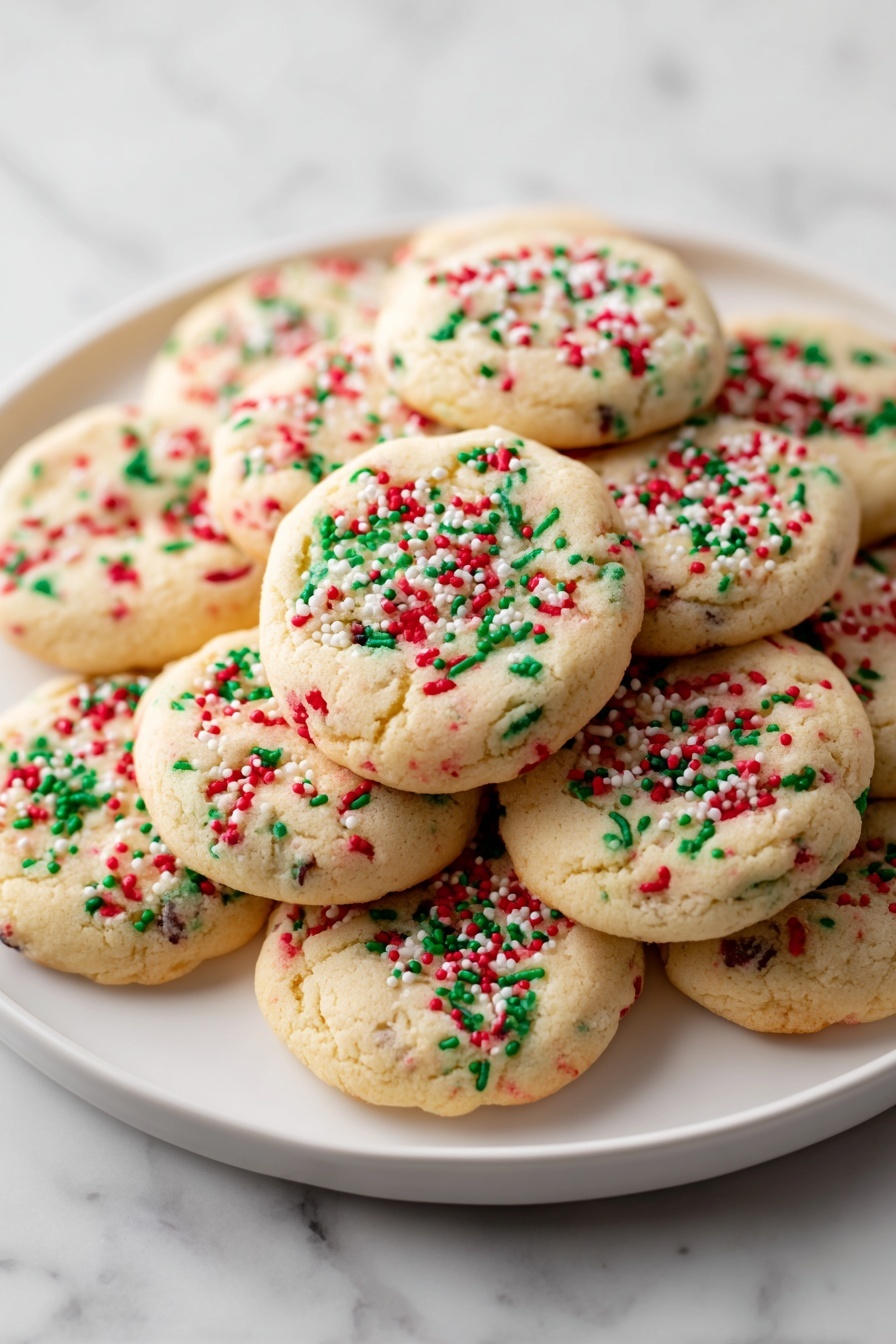 No-Roll Christmas Sprinkle Cookies, festive holiday cookies, easy Christmas cookies, colorful sprinkle cookies, no-bake holiday treats - A white plate holds several round cookies with a light golden-brown color. Each cookie has red, green, and white sprinkles spread on top, giving them a festive look. The cookies are close together, slightly overlapping, showing a soft texture with some colorful bits inside the dough. The background and surface are white with a marbled pattern. photo taken with an iphone --ar 2:3 --v 7