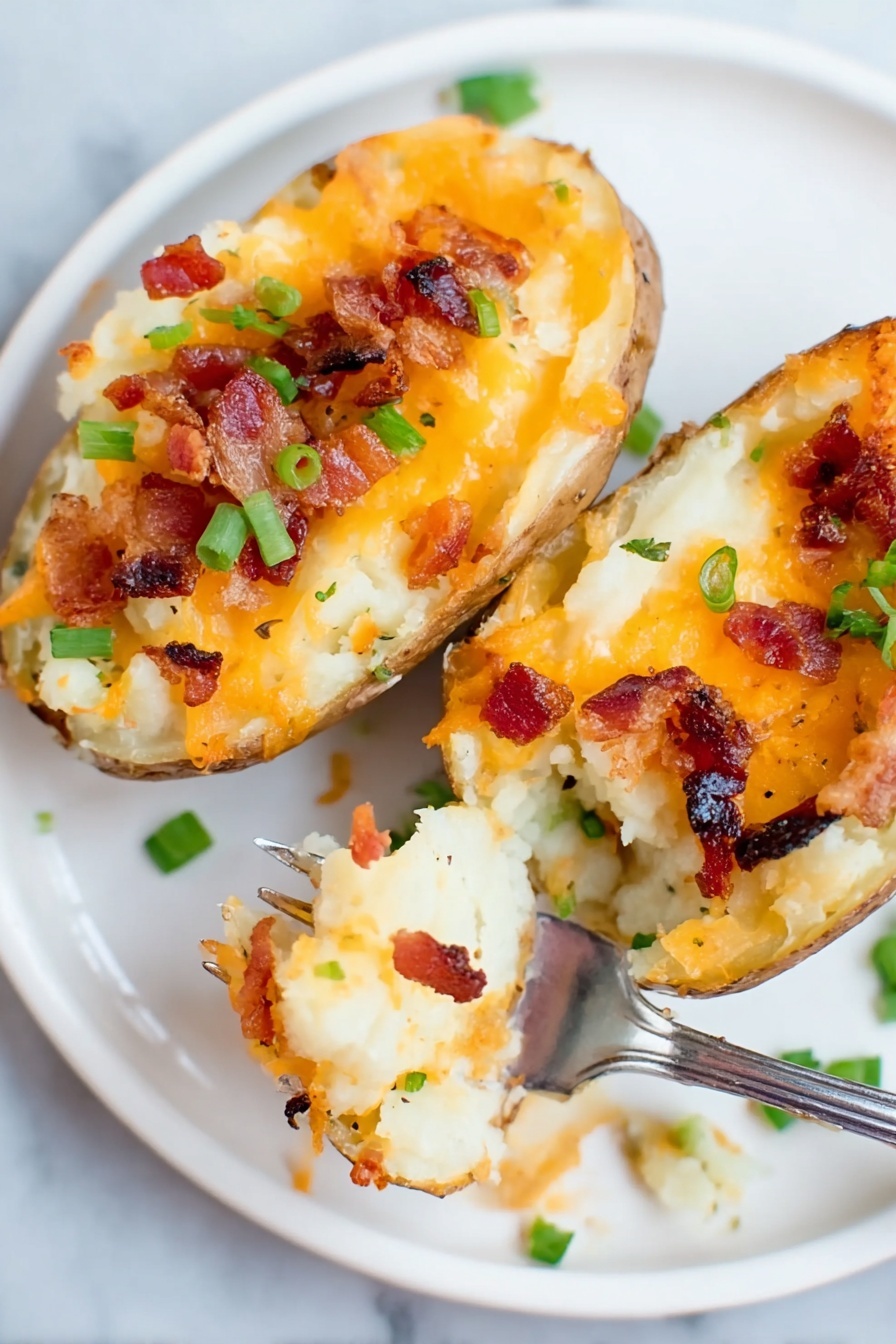 Twice Baked Potatoes with Bacon and Cheese, baked potato recipes, cheesy bacon potatoes, crispy bacon stuffed potatoes, comfort food side dish - The image shows two potato skins on a white plate with a small amount of green garnish scattered around. Each potato skin has three visible layers: a light brown crispy skin on the outside, a soft and fluffy white mashed potato filling in the middle, and a bright orange melted cheese layer on top. Small pieces of crispy reddish-brown bacon are sprinkled evenly over the cheese layer. Some small green chives are scattered on top and around the potato skins. A silver fork holds a bite-sized piece of the potato skin, showing the layered texture. The surface underneath the plate is a white marbled texture. Photo taken with an iphone --ar 2:3 --v 7