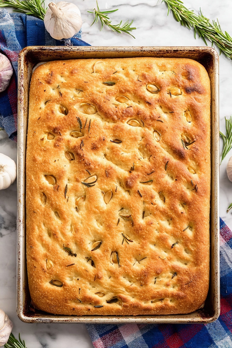 Garlic Rosemary Focaccia Bread, easy focaccia bread recipe, homemade garlic rosemary bread, fluffy focaccia with herbs, savory garlic herb bread - A large rectangular focaccia bread with a golden-brown crust sits in a well-used metal baking tray. The top layer is dotted with small indentations filled with olive oil and scattered rosemary leaves and garlic cloves, giving it a textured look. The bread’s surface has an armchair-soft, bumpy texture with some spots darker than others from baking. The tray is placed on a white marbled surface with garlic bulbs, a blue and red checkered cloth, and fresh rosemary sprigs nearby, adding to the rustic kitchen setting. Photo taken with an iphone --ar 2:3 --v 7