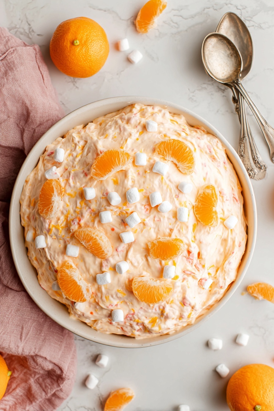 Mandarin Orange Salad with Marshmallows, easy fruit salad recipes, nostalgic fruit salad, quick dessert salad, summer fruit salad ideas - A round white bowl is filled to the top with a fluffy, light orange creamy mixture speckled with small pieces of mandarin oranges. On top, there are several whole mandarin orange slices scattered evenly along with small white marshmallows. The bowl sits on a white marbled surface with more fresh mandarin orange slices and small marshmallows spread around it. Next to the bowl is a soft pink cloth and two vintage silver spoons. The texture of the mixture looks light and whipped with visible orange bits inside. Photo taken with an iphone --ar 2:3 --v 7