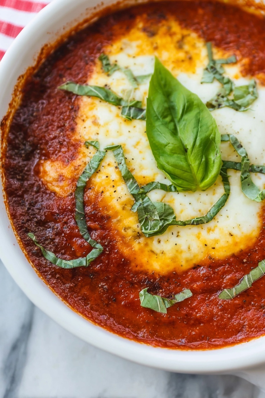 Goat Cheese Marinara Dip, easy goat cheese dip, savory appetizer recipe, tasty cheese and marinara dip, crowd-pleasing party dip - A white bowl filled with rich red tomato sauce that has a smooth texture and is slightly chunky around the edges. On top of the sauce, there is a large round layer of melted cheese with golden brown spots, giving it a bubbly and creamy look. Scattered over the cheese are thin green strips of fresh basil leaves, with one whole green basil leaf placed in the center as decoration. The bowl sits on a white marbled surface. photo taken with an iphone --ar 2:3 --v 7