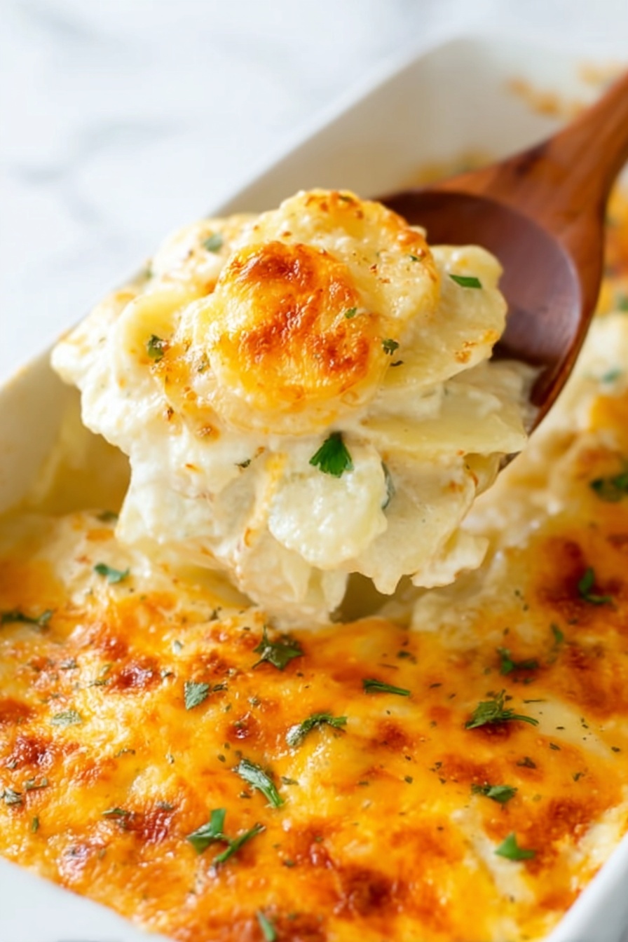 Cheesy Scalloped Potatoes, creamy potato casserole, cheesy potato bake, comfort food recipes, easy scalloped potatoes - A wooden spoon lifts a scoop of creamy scalloped potatoes from a white rectangular baking dish. The dish shows three visible layers: a thick bottom layer of tender white potato slices, a middle layer of smooth white cheese sauce, and a top layer of melted golden-brown cheese with slightly crispy edges. Small green herb pieces are scattered on top, adding color contrast. The background is a white marbled texture. Photo taken with an iphone --ar 2:3 --v 7