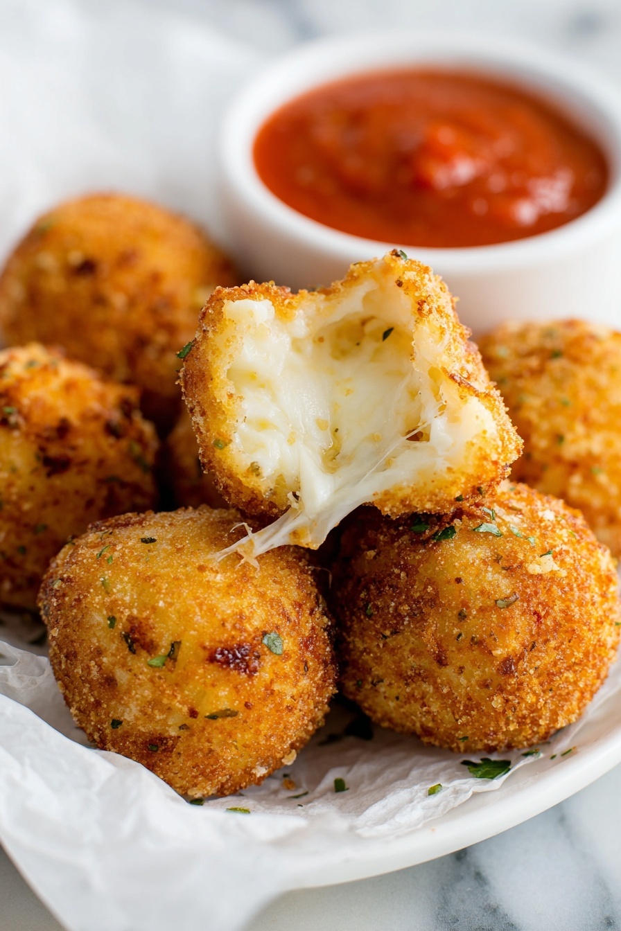 Crispy Potato Cheese Balls, cheesy snack recipes, crispy appetizer ideas, potato ball recipes, cheesy finger foods - The image shows a close-up of golden brown, crispy round balls with a rough, crunchy texture on the outside. One ball is open, showing a soft, creamy white inside with small bits of herbs and spices, and melted cheese stretching gently. The balls are placed on a white plate lined with white paper. In the background, there is a small white bowl filled with smooth red dipping sauce. The surface beneath the plate has a white marbled texture. photo taken with an iphone --ar 2:3 --v 7