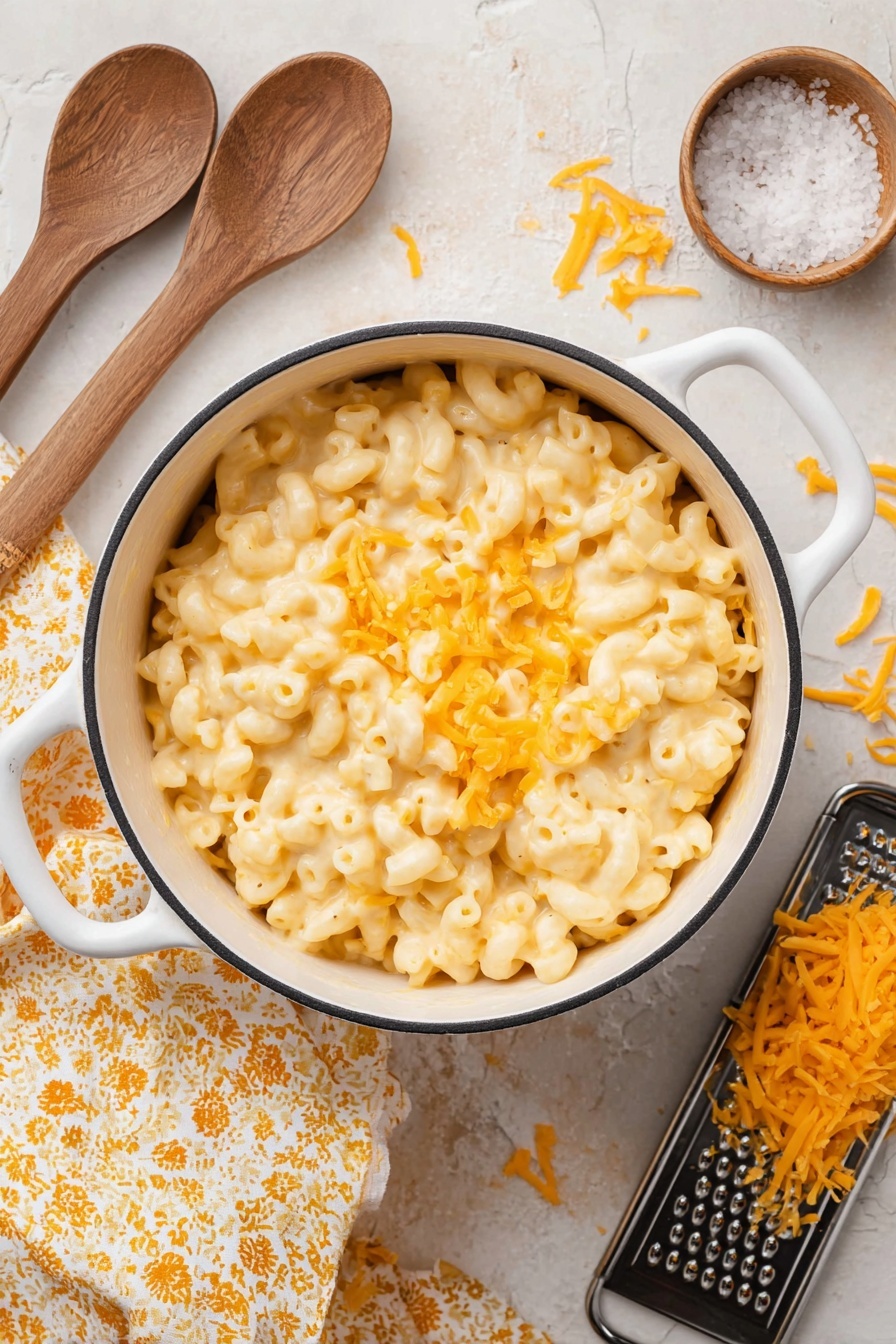 Creamy Stovetop Mac and Cheese, easy creamy mac and cheese, homemade stovetop mac and cheese, cheesy pasta dinner, quick comfort food - A white pot filled with creamy macaroni and cheese occupies the center of the image. The macaroni are small curved tubes covered in smooth, light yellow cheese sauce, with a few grated bright orange cheese pieces scattered on top. The white pot has two small handles, one visible in the front. To the left, there are two wooden spoons placed on a patterned yellow and white cloth. On the right side, a black metal cheese grater holds some shredded bright orange cheese, with more cheese shreds scattered on the white marbled surface nearby. A small round bowl with coarse salt is also visible in the upper right corner. The whole scene is set on a white marbled textured surface. photo taken with an iphone --ar 2:3 --v 7