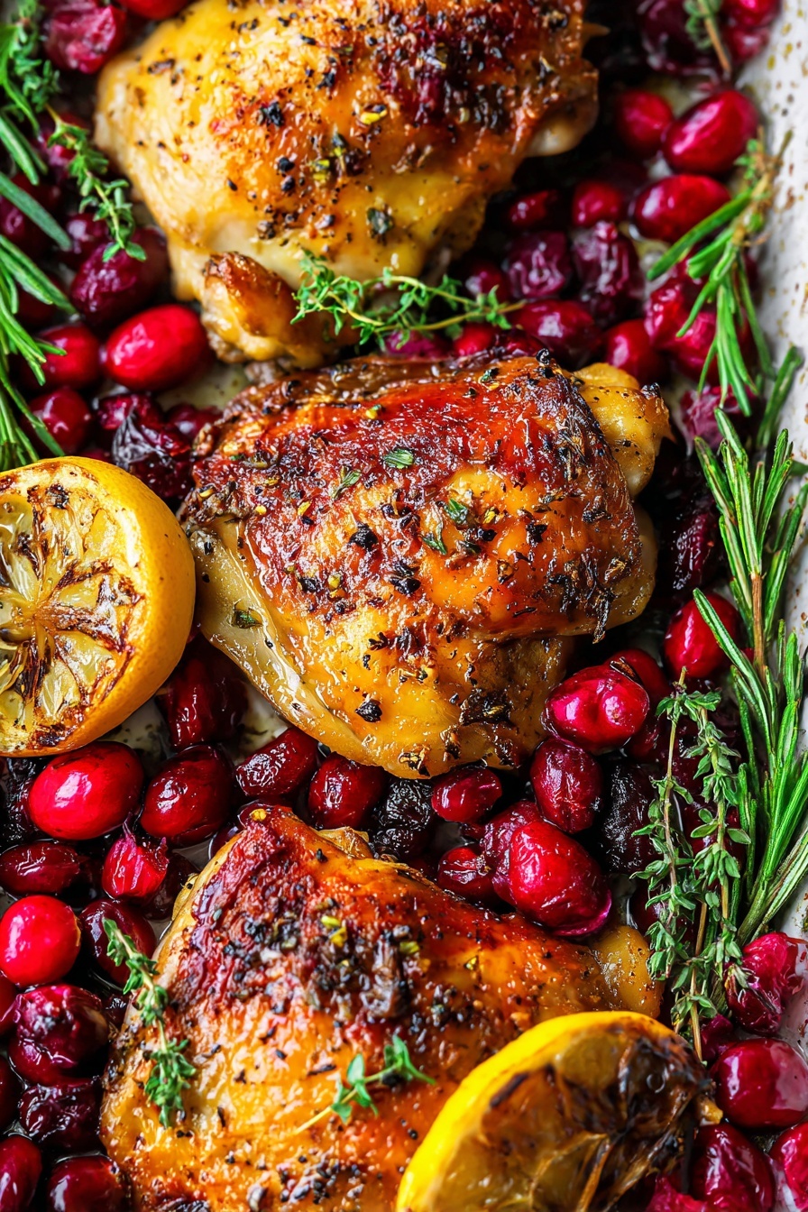 Baked Cranberry Chicken with Rosemary, cranberry chicken, roasted chicken with cranberries, easy cranberry chicken dinner, rosemary chicken recipe - The image shows a close-up of four golden-brown pieces of roasted chicken with crispy skin, placed on a bed of bright red fresh and cooked cranberries and green herbs like rosemary and thyme. There is a halved lemon with a slightly browned surface among the chicken pieces, adding a pop of yellow. The chicken pieces are well seasoned with visible black pepper and herbs. The whole scene is set on a white marbled textured background, giving a clean and fresh look. The colors of the roasted chicken, red cranberries, green herbs, and yellow lemon make the image rich and vibrant. photo taken with an iphone --ar 2:3 --v 7